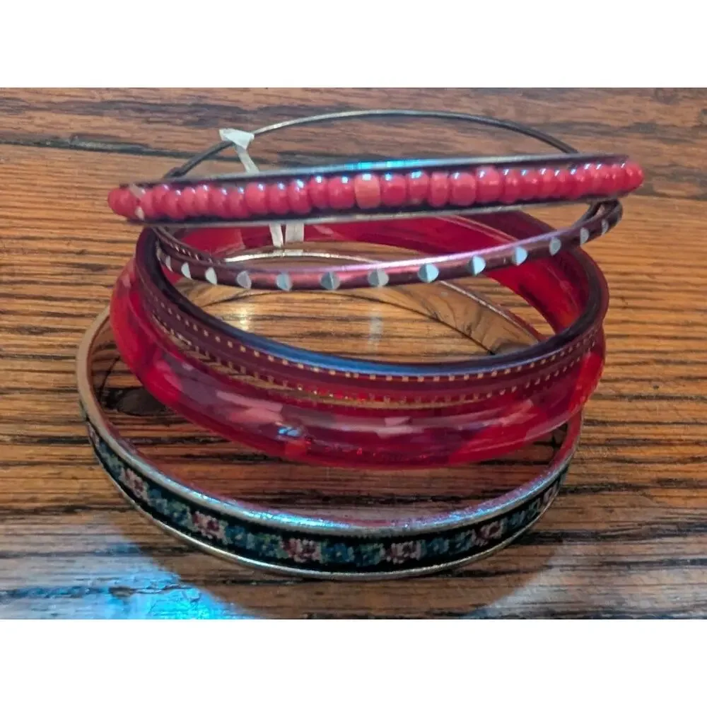 Vintage Stack Of Red Jeweled Rhinestone Bangels Bracelets Set